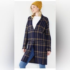 Nine West Navy Plaid Coatigan, Long Sweater, LN, Small